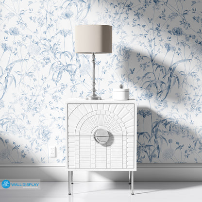 Botanical meadow wallpaper with delicate wildflowers, leafy stems, and soft green-blue floral line art for bedroom, living room, hallway, and feature wall interiors.
