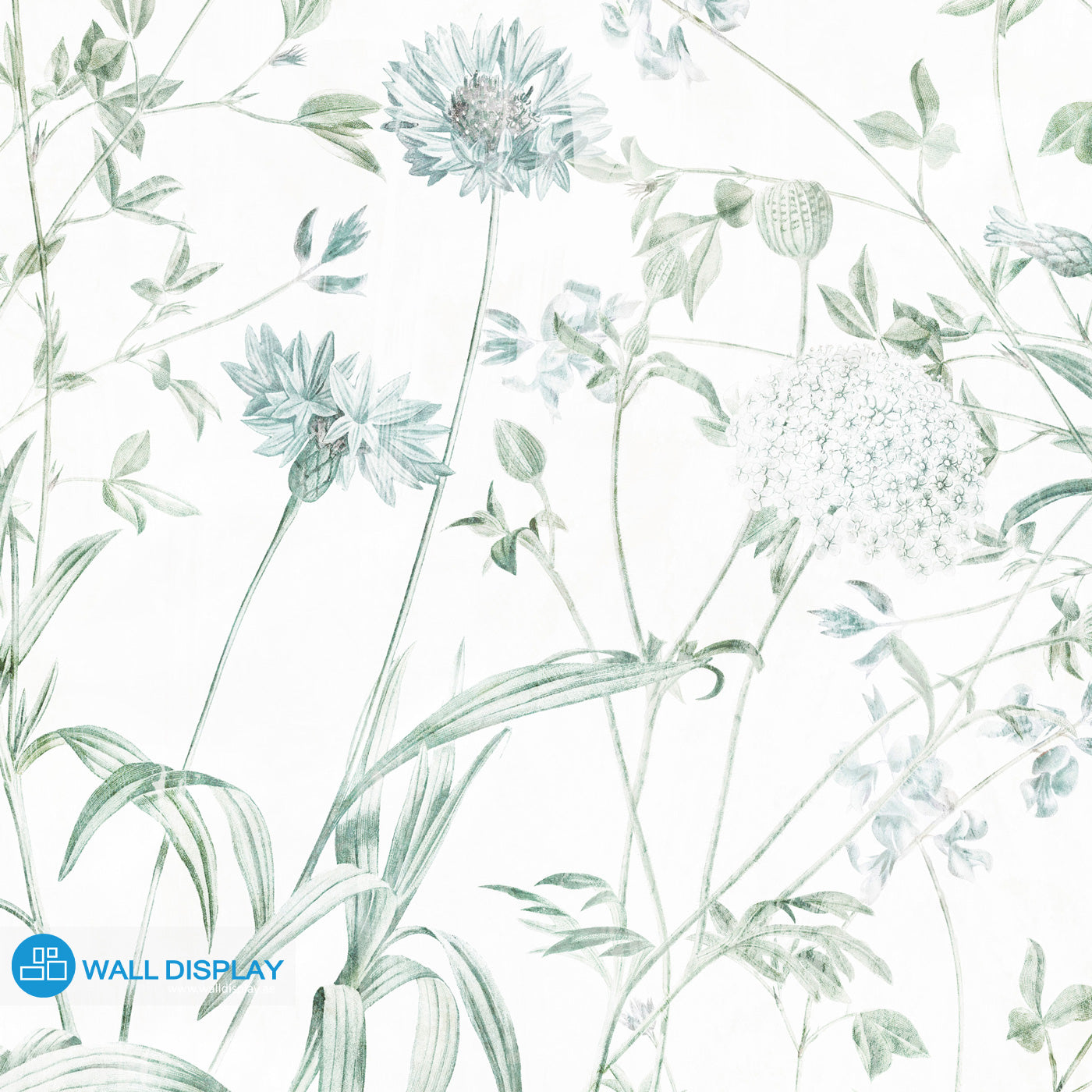 Botanical meadow wallpaper with delicate wildflowers, leafy stems, and soft green-blue floral line art for bedroom, living room, hallway, and feature wall interiors.