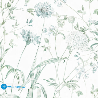 Botanical meadow wallpaper with delicate wildflowers, leafy stems, and soft green-blue floral line art for bedroom, living room, hallway, and feature wall interiors.