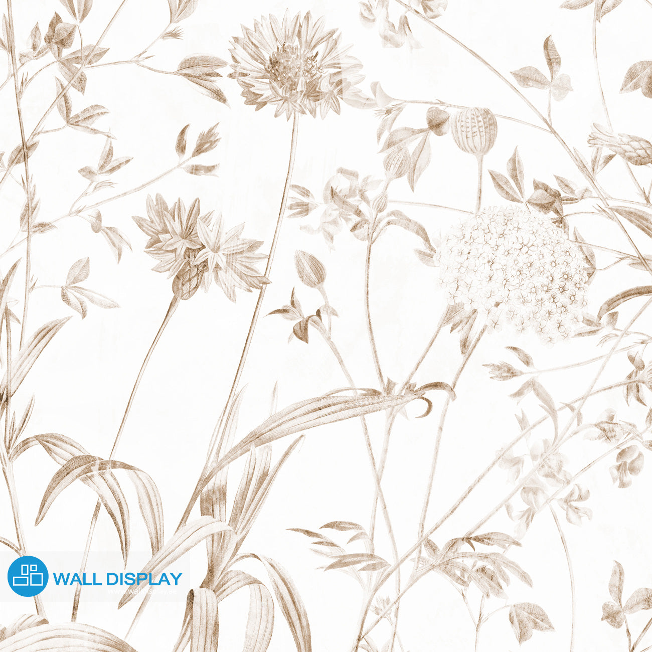 Botanical meadow wallpaper with delicate wildflowers, leafy stems, and soft green-blue floral line art for bedroom, living room, hallway, and feature wall interiors.