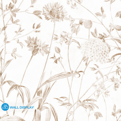 Botanical meadow wallpaper with delicate wildflowers, leafy stems, and soft green-blue floral line art for bedroom, living room, hallway, and feature wall interiors.