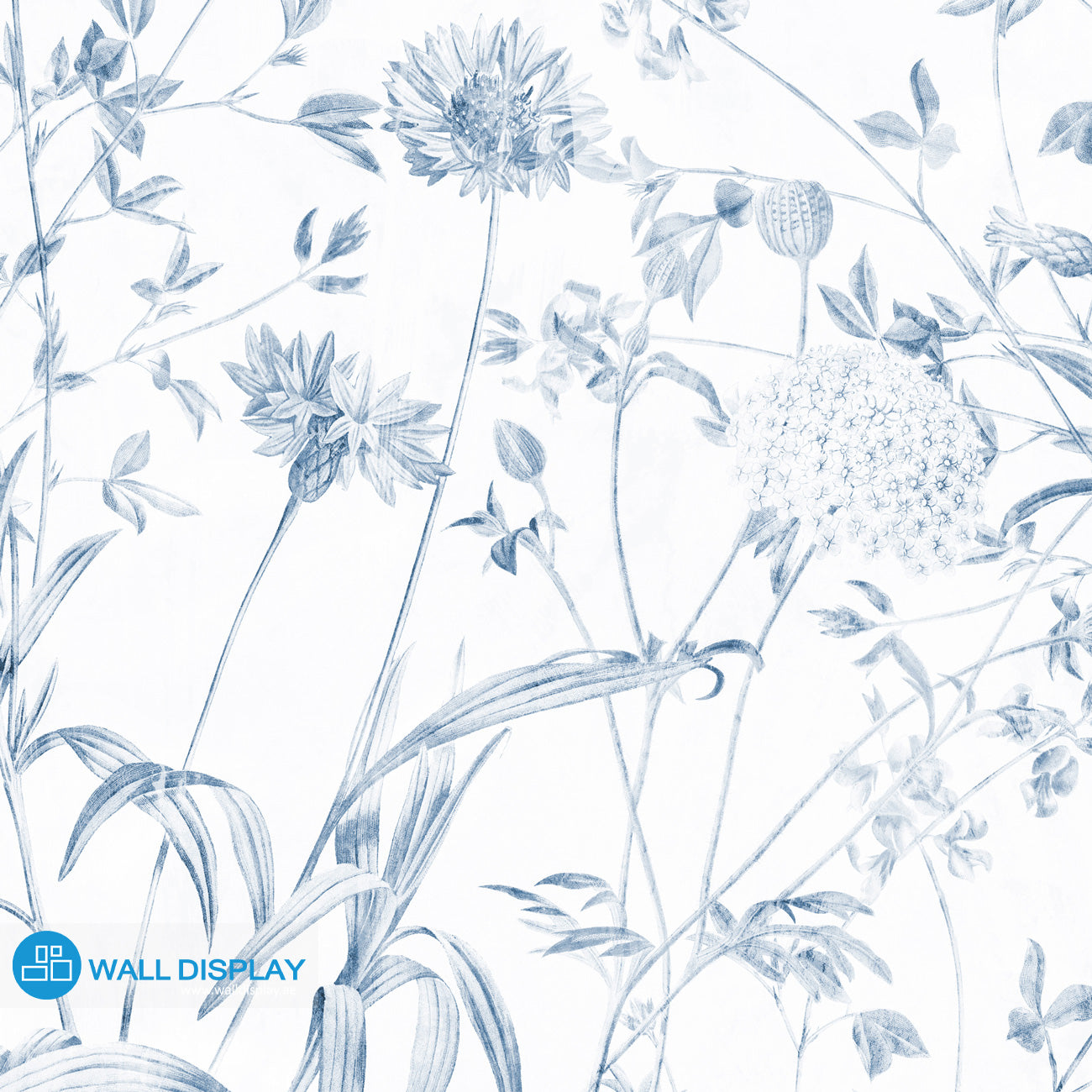 Botanical meadow wallpaper with delicate wildflowers, leafy stems, and soft green-blue floral line art for bedroom, living room, hallway, and feature wall interiors.