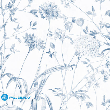 Botanical meadow wallpaper with delicate wildflowers, leafy stems, and soft green-blue floral line art for bedroom, living room, hallway, and feature wall interiors.