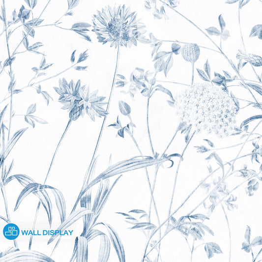 Botanical meadow wallpaper with delicate wildflowers, leafy stems, and soft green-blue floral line art for bedroom, living room, hallway, and feature wall interiors.