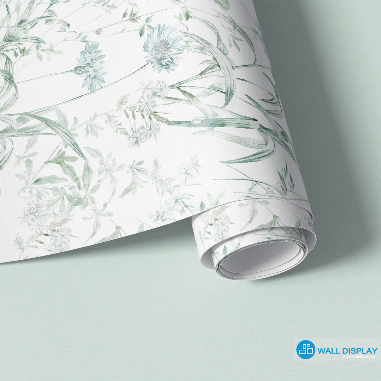 Botanical meadow wallpaper with delicate wildflowers, leafy stems, and soft green-blue floral line art for bedroom, living room, hallway, and feature wall interiors.
