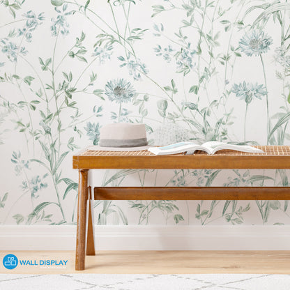 Botanical meadow wallpaper with delicate wildflowers, leafy stems, and soft green-blue floral line art for bedroom, living room, hallway, and feature wall interiors.