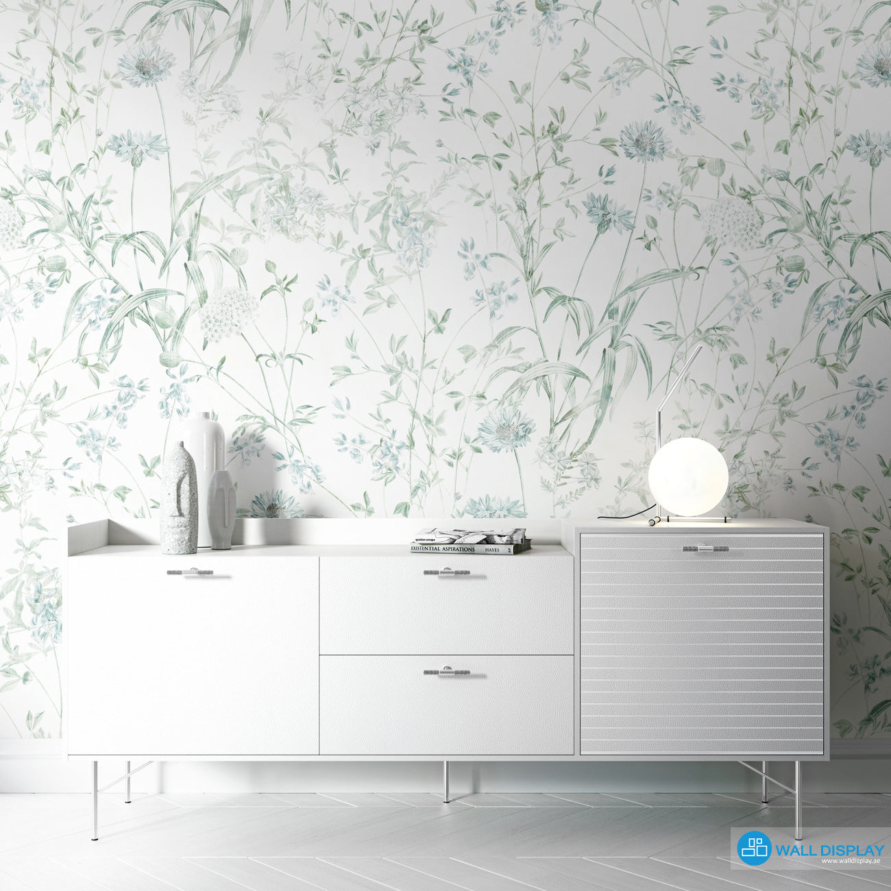 Botanical meadow wallpaper with delicate wildflowers, leafy stems, and soft green-blue floral line art for bedroom, living room, hallway, and feature wall interiors.