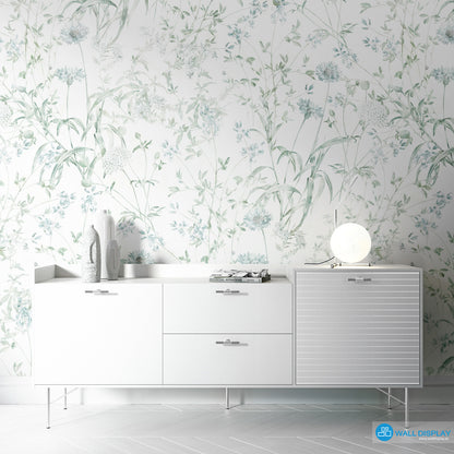 Botanical meadow wallpaper with delicate wildflowers, leafy stems, and soft green-blue floral line art for bedroom, living room, hallway, and feature wall interiors.