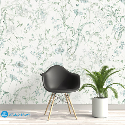 Botanical meadow wallpaper with delicate wildflowers, leafy stems, and soft green-blue floral line art for bedroom, living room, hallway, and feature wall interiors.