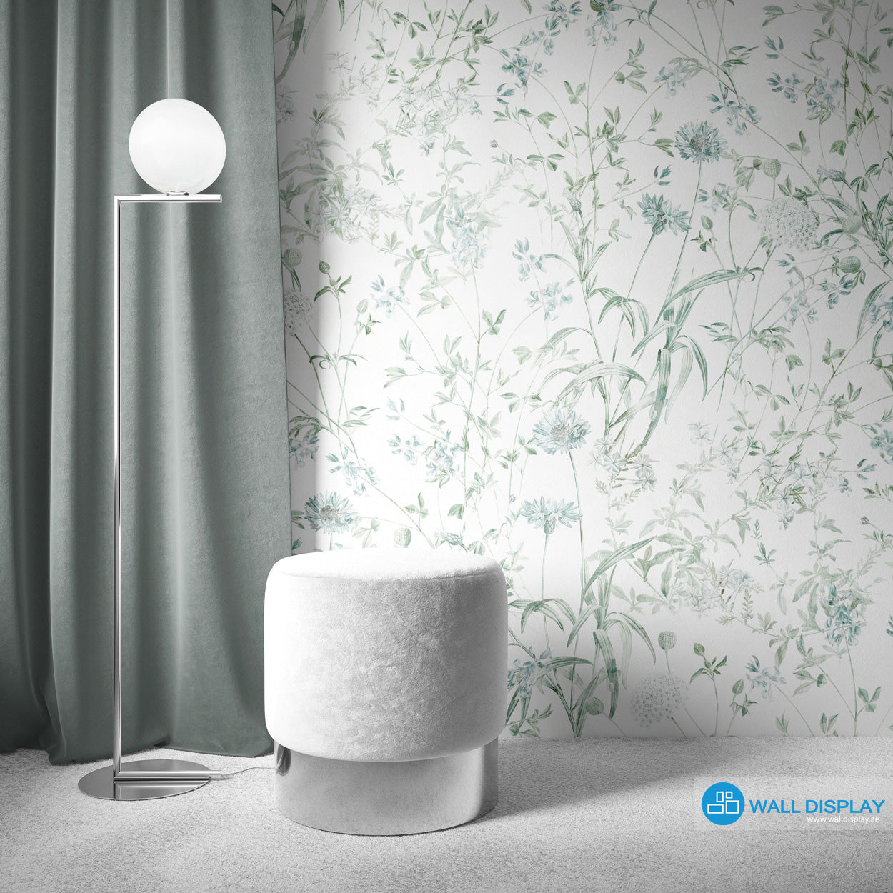 Botanical meadow wallpaper with delicate wildflowers, leafy stems, and soft green-blue floral line art for bedroom, living room, hallway, and feature wall interiors.