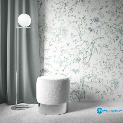 Botanical meadow wallpaper with delicate wildflowers, leafy stems, and soft green-blue floral line art for bedroom, living room, hallway, and feature wall interiors.