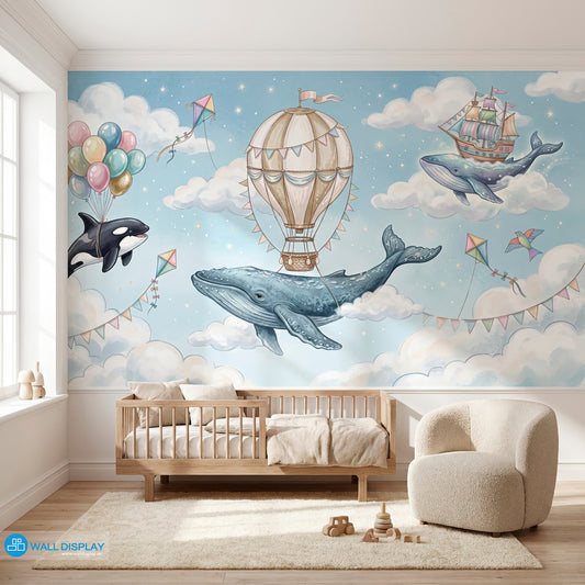 Kids nursery wallpaper mural with flying whales, pastel balloons, hot air balloon, clouds, stars, and whimsical sky theme