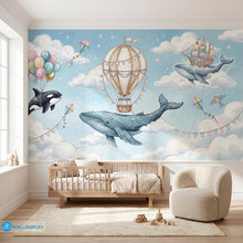 Load image into Gallery viewer, Kids nursery wallpaper mural with flying whales, pastel balloons, hot air balloon, clouds, stars, and whimsical sky theme
