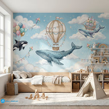 Load image into Gallery viewer, Kids nursery wallpaper mural with flying whales, pastel balloons, hot air balloon, clouds, stars, and whimsical sky theme
