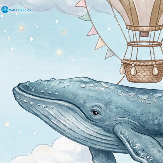 Kids nursery wallpaper mural with flying whales, pastel balloons, hot air balloon, clouds, stars, and whimsical sky theme