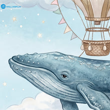 Load image into Gallery viewer, Kids nursery wallpaper mural with flying whales, pastel balloons, hot air balloon, clouds, stars, and whimsical sky theme

