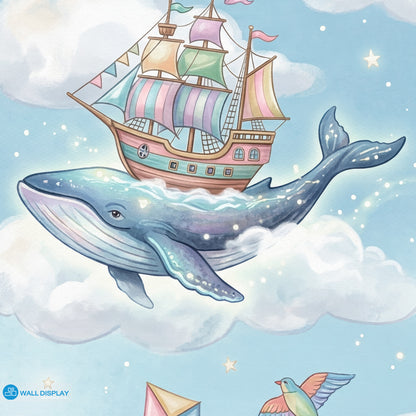 Kids nursery wallpaper mural with flying whales, pastel balloons, hot air balloon, clouds, stars, and whimsical sky theme