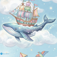 Load image into Gallery viewer, Kids nursery wallpaper mural with flying whales, pastel balloons, hot air balloon, clouds, stars, and whimsical sky theme
