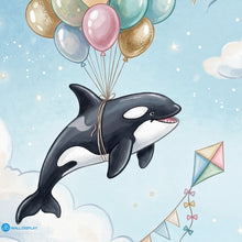 Load image into Gallery viewer, Kids nursery wallpaper mural with flying whales, pastel balloons, hot air balloon, clouds, stars, and whimsical sky theme
