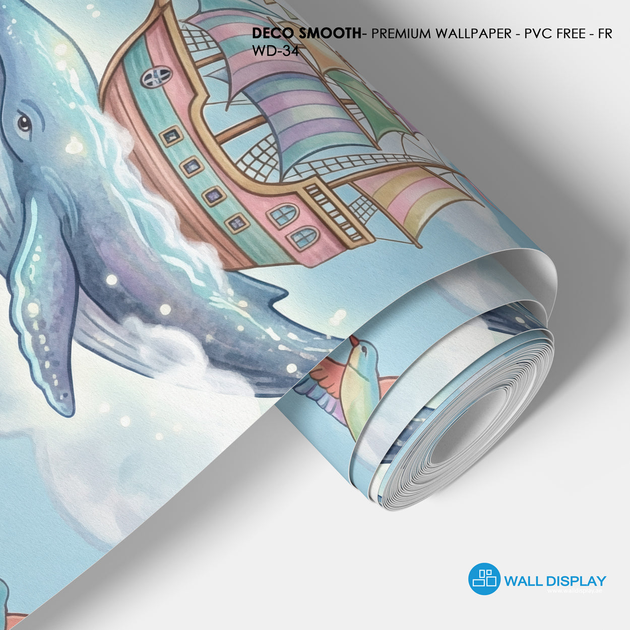 Kids nursery wallpaper mural with flying whales, pastel balloons, hot air balloon, clouds, stars, and whimsical sky theme