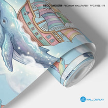 Load image into Gallery viewer, Kids nursery wallpaper mural with flying whales, pastel balloons, hot air balloon, clouds, stars, and whimsical sky theme
