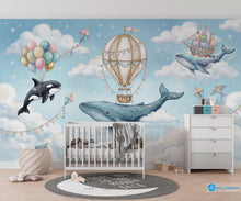Load image into Gallery viewer, Kids nursery wallpaper mural with flying whales, pastel balloons, hot air balloon, clouds, stars, and whimsical sky theme
