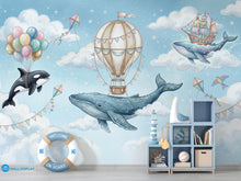 Load image into Gallery viewer, Kids nursery wallpaper mural with flying whales, pastel balloons, hot air balloon, clouds, stars, and whimsical sky theme
