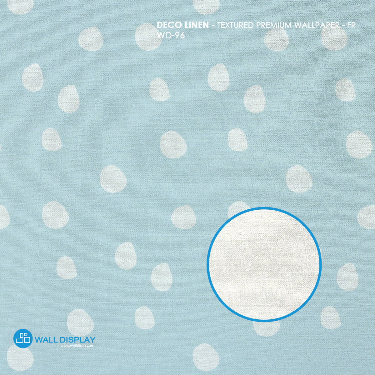 Soft Pebble Dots kids wallpaper with white hand-painted pebble dots on a pastel blue background for nursery and playroom walls.