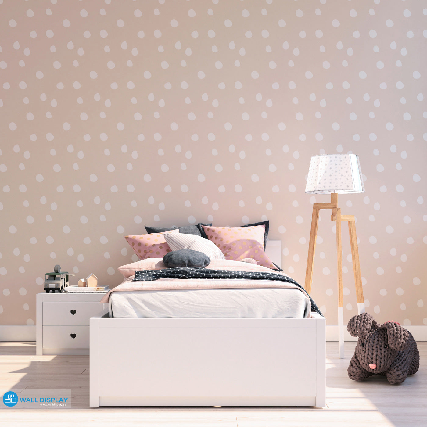 Soft Pebble Dots kids wallpaper with white hand-painted pebble dots on a pastel blue background for nursery and playroom walls.