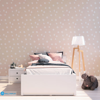 Soft Pebble Dots kids wallpaper with white hand-painted pebble dots on a pastel blue background for nursery and playroom walls.