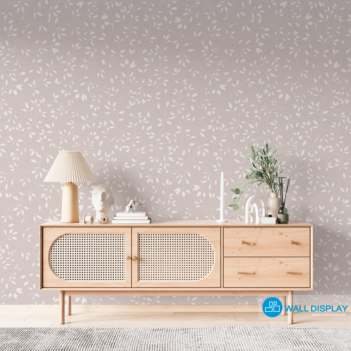 Soft Petals floral wallpaper with white leafy branches on a dusty pink background for girls’ bedroom, nursery, and kids’ room walls.