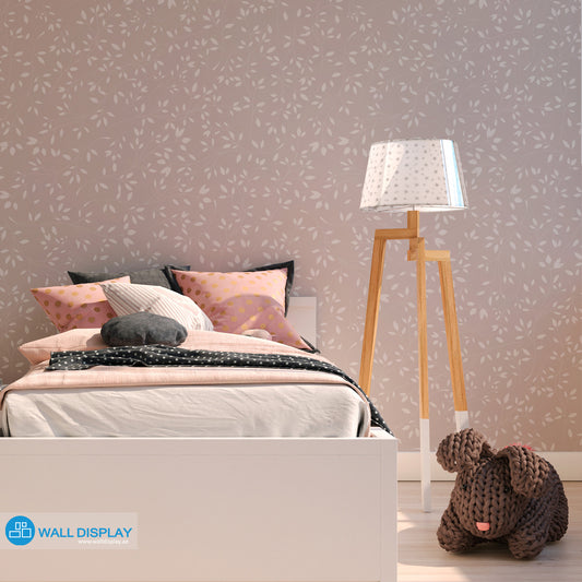 Soft Petals floral wallpaper with white leafy branches on a dusty pink background for girls’ bedroom, nursery, and kids’ room walls.