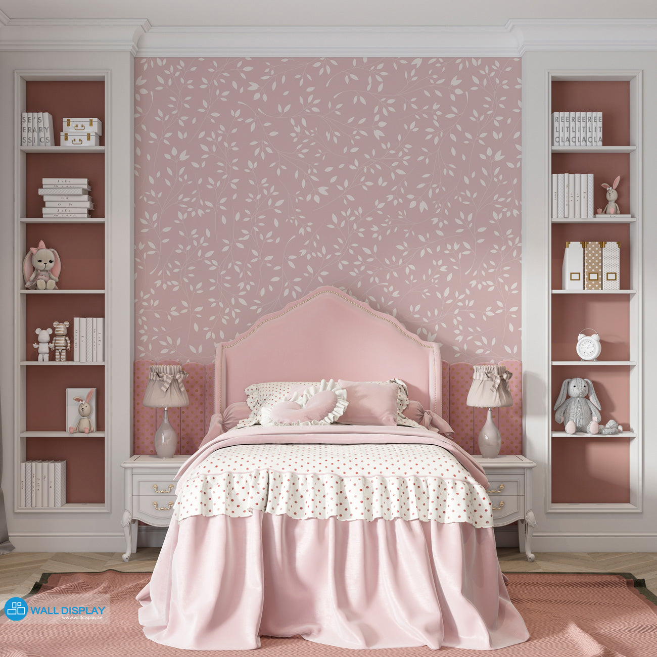 Soft Petals floral wallpaper with white leafy branches on a dusty pink background for girls’ bedroom, nursery, and kids’ room walls.