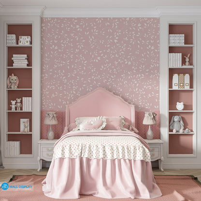Soft Petals floral wallpaper with white leafy branches on a dusty pink background for girls’ bedroom, nursery, and kids’ room walls.
