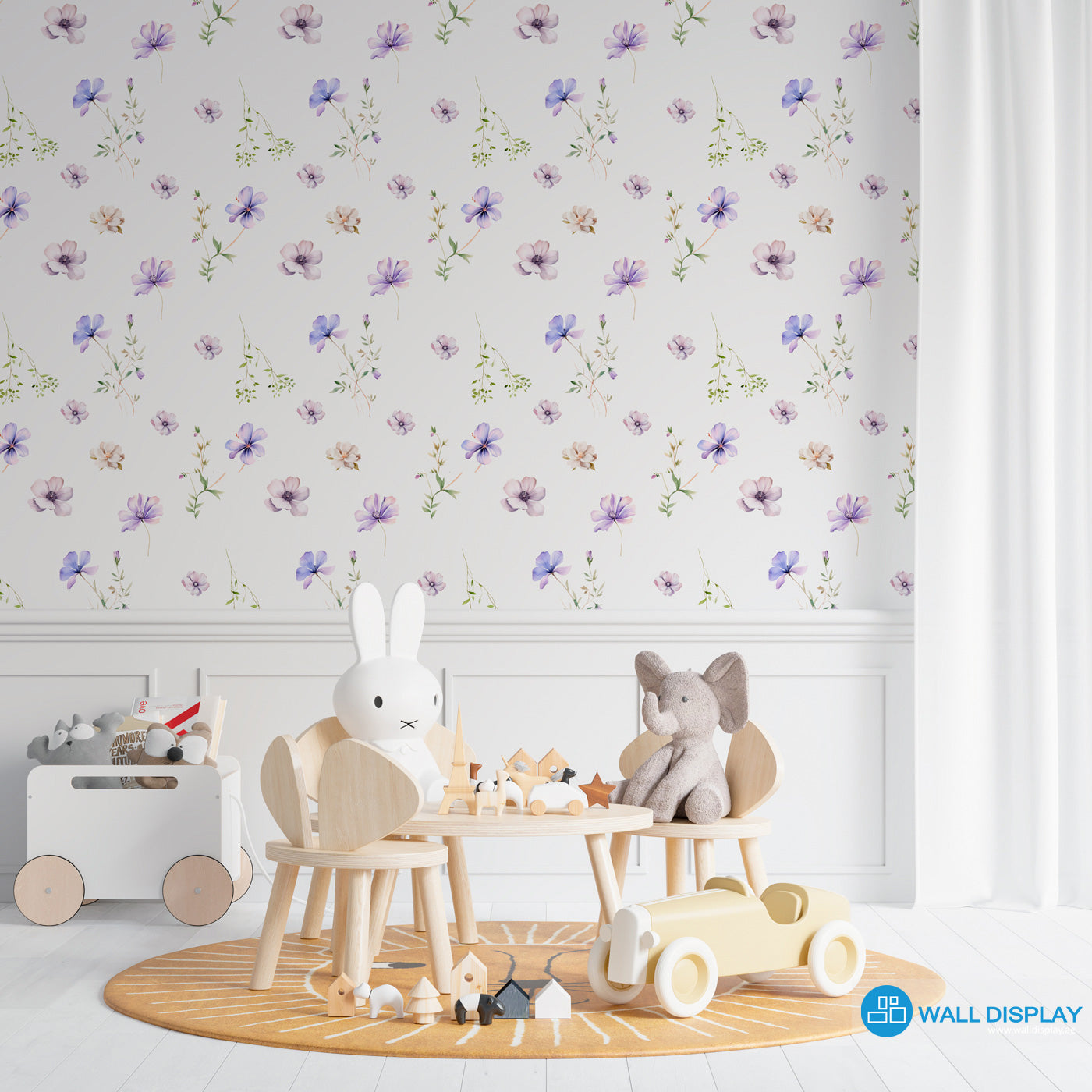 Soft spring floral wallpaper with delicate watercolor purple and blush flowers on a white background for nursery, girls’ room, kids’ room, and bedroom walls.