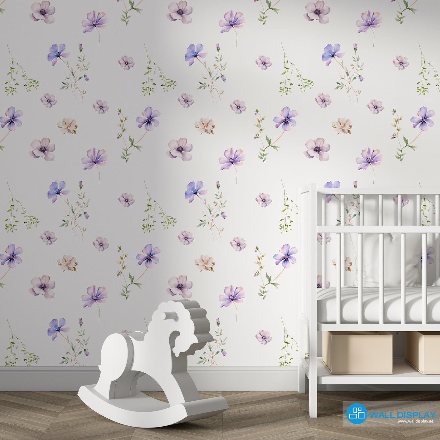 Soft spring floral wallpaper with delicate watercolor purple and blush flowers on a white background for nursery, girls’ room, kids’ room, and bedroom walls.