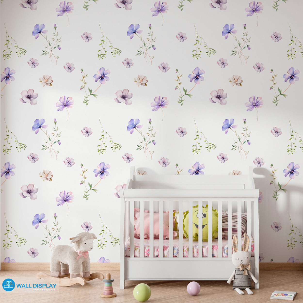 Soft spring floral wallpaper with delicate watercolor purple and blush flowers on a white background for nursery, girls’ room, kids’ room, and bedroom walls.