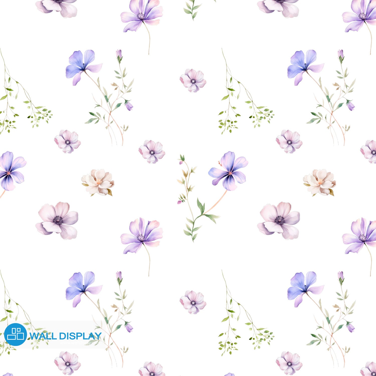 Soft spring floral wallpaper with delicate watercolor purple and blush flowers on a white background for nursery, girls’ room, kids’ room, and bedroom walls.