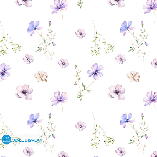Soft spring floral wallpaper with delicate watercolor purple and blush flowers on a white background for nursery, girls’ room, kids’ room, and bedroom walls.