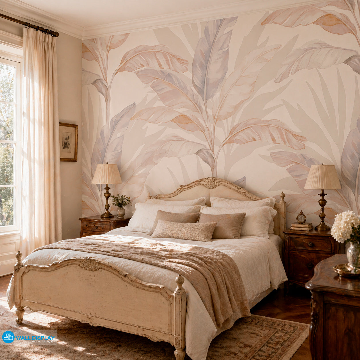 Soft neutral tropical botanical wallpaper with watercolor banana leaves in beige, ivory, blush, and muted blue grey tones for modern interiors.