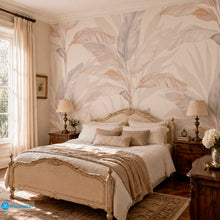 Load image into Gallery viewer, Soft neutral tropical botanical wallpaper with watercolor banana leaves in beige, ivory, blush, and muted blue grey tones for modern interiors.
