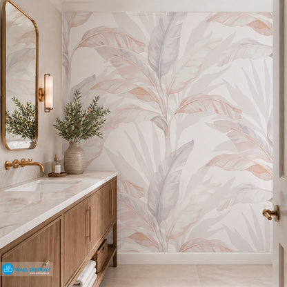 Soft neutral tropical botanical wallpaper with watercolor banana leaves in beige, ivory, blush, and muted blue grey tones for modern interiors.