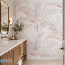 Load image into Gallery viewer, Soft neutral tropical botanical wallpaper with watercolor banana leaves in beige, ivory, blush, and muted blue grey tones for modern interiors.
