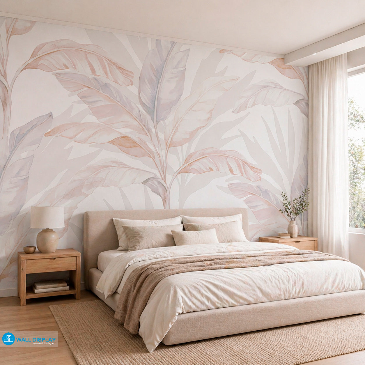 Soft neutral tropical botanical wallpaper with watercolor banana leaves in beige, ivory, blush, and muted blue grey tones for modern interiors.