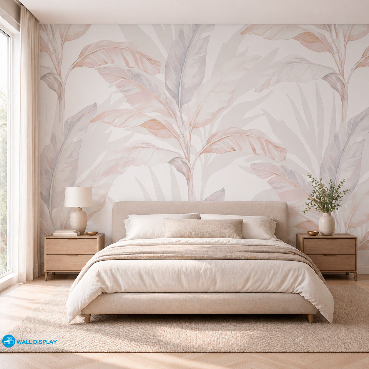 Soft neutral tropical botanical wallpaper with watercolor banana leaves in beige, ivory, blush, and muted blue grey tones for modern interiors.