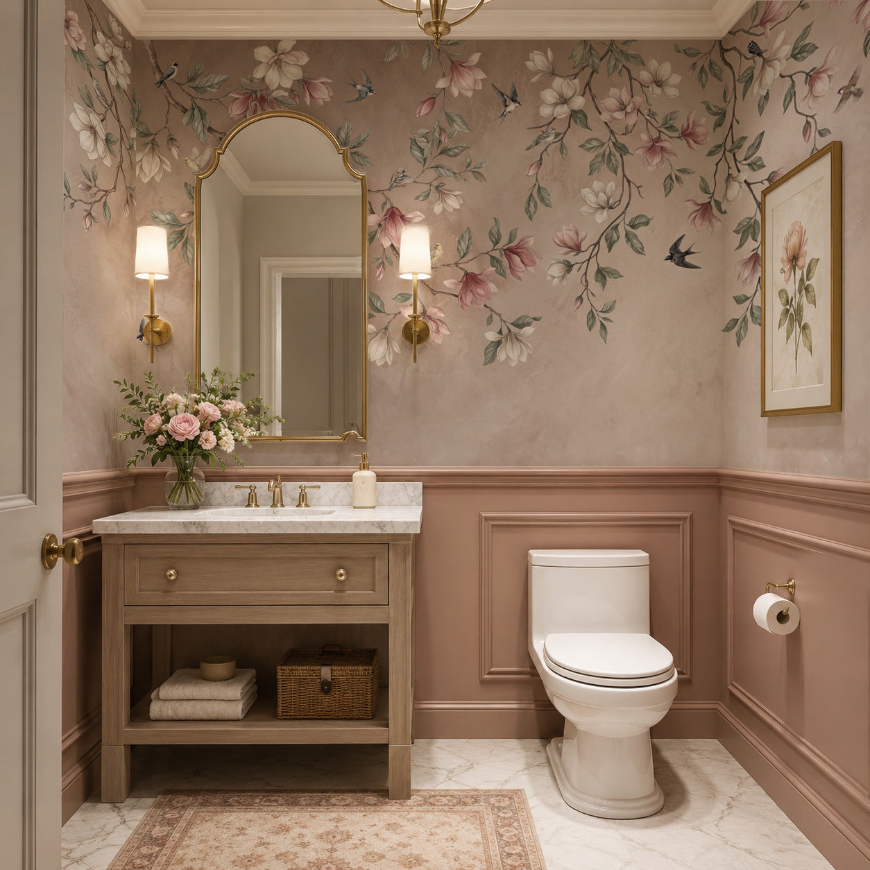 Songbirds in Bloom floral wall mural with magnolia blossoms, flying birds, sage green leaves, and soft blush plaster background.
