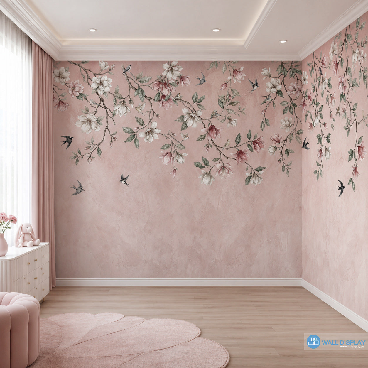 Songbirds in Bloom floral wall mural with magnolia blossoms, flying birds, sage green leaves, and soft blush plaster background.