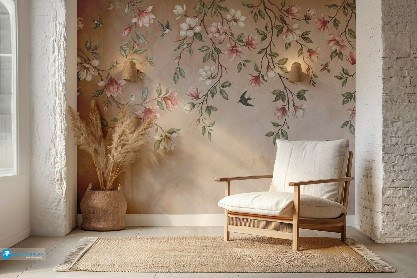 Songbirds in Bloom floral wall mural with magnolia blossoms, flying birds, sage green leaves, and soft blush plaster background.