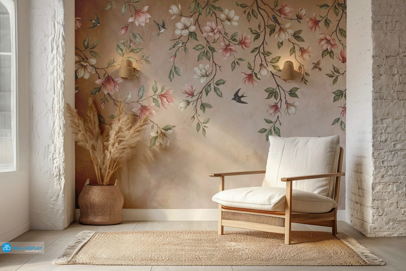 Songbirds in Bloom floral wall mural with magnolia blossoms, flying birds, sage green leaves, and soft blush plaster background.