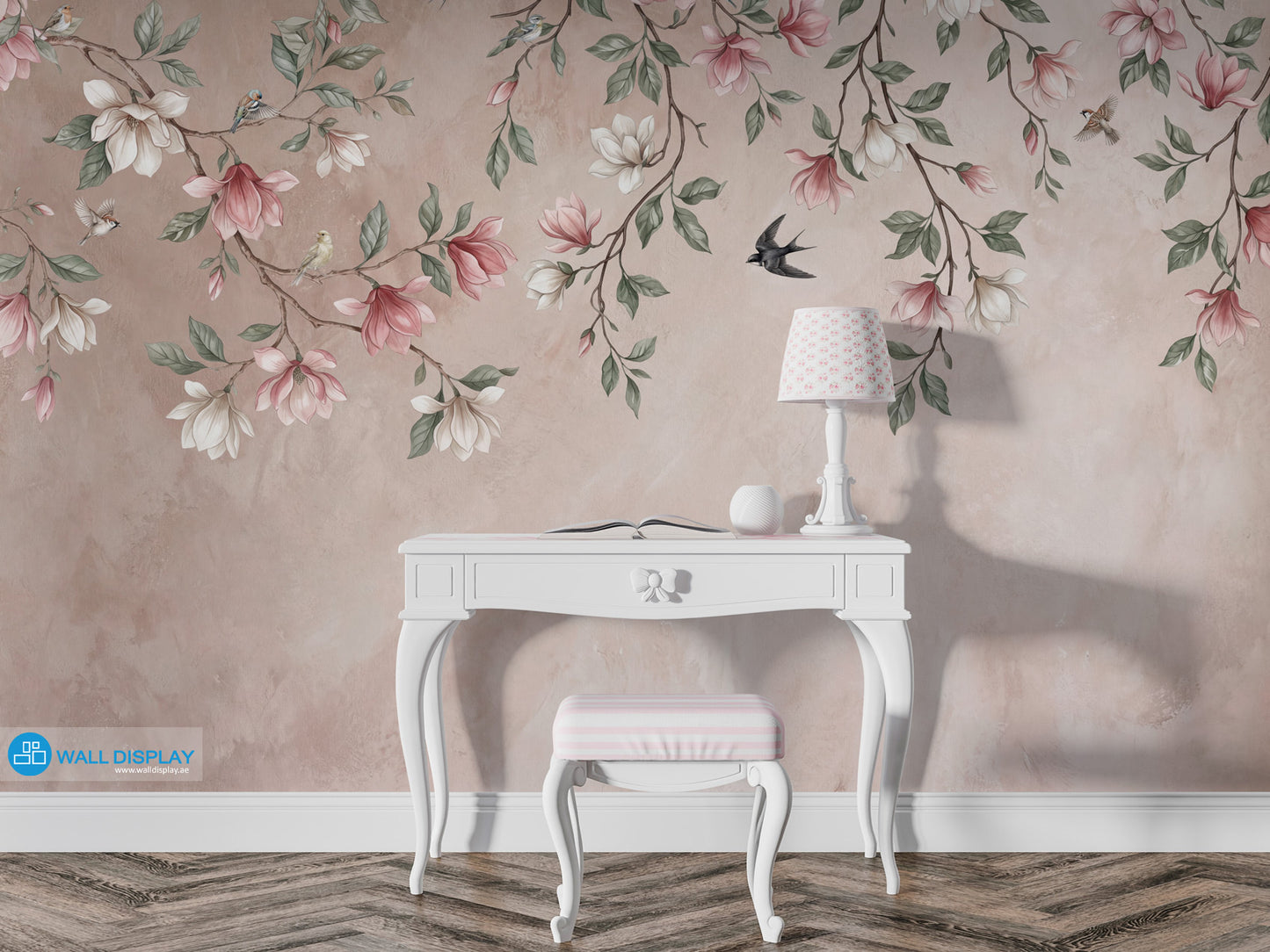 Songbirds in Bloom floral wall mural with magnolia blossoms, flying birds, sage green leaves, and soft blush plaster background.